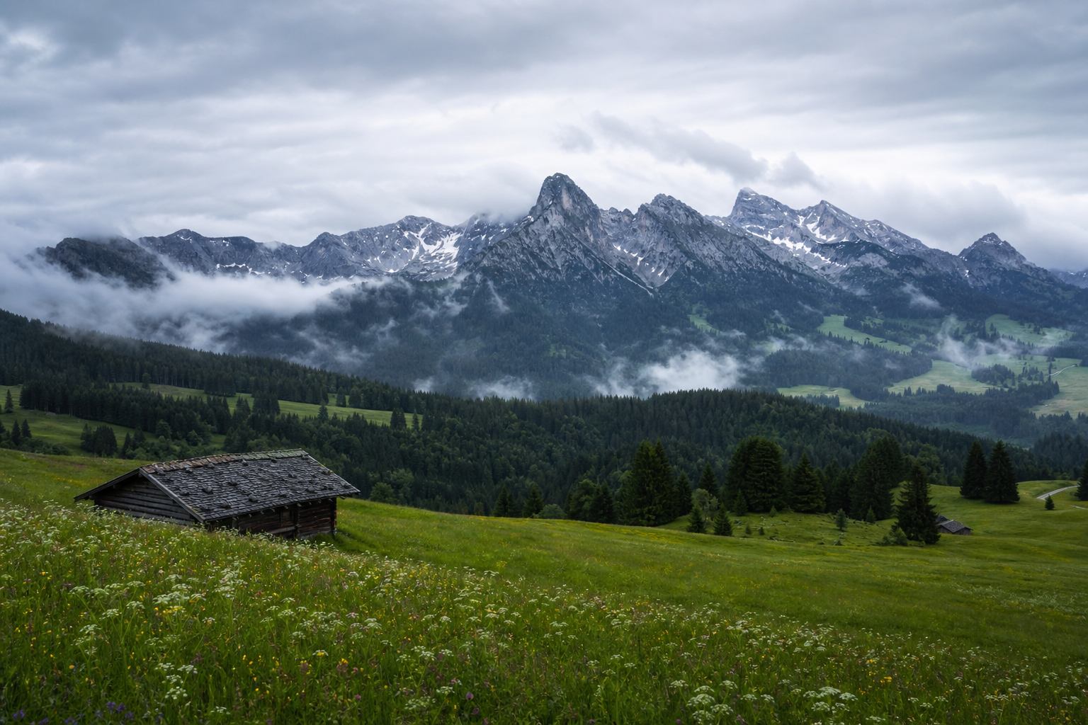 Bayerische Alpen mit Wiesen und Bergkette