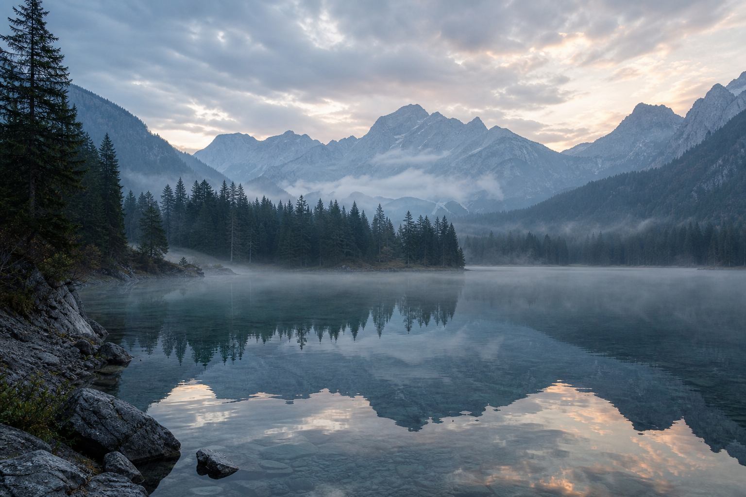 Alpiner See im Nebel zwischen dunklen Fichtenwäldern in Bayern